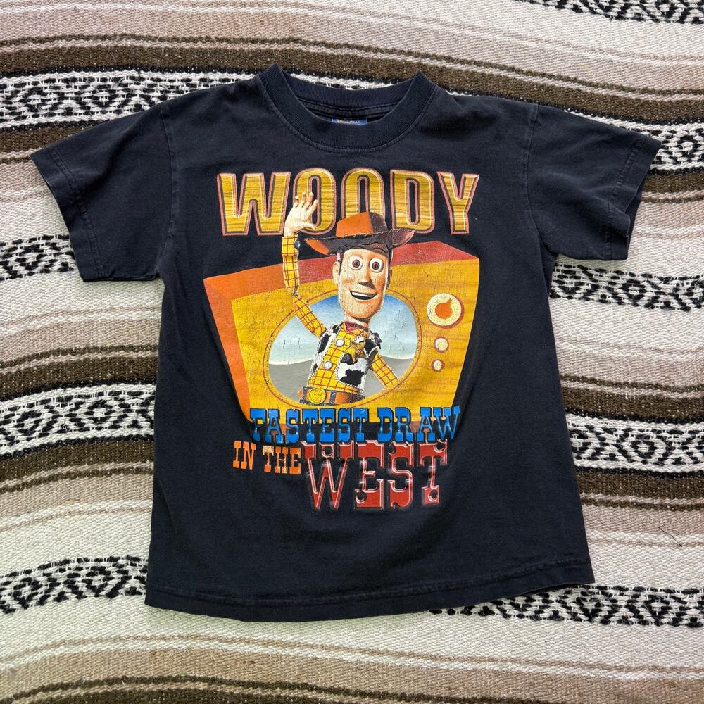 Youth Kids Vintage Disney Toy Story 2 Promo Woody Fastest Draw Black Shirt Sz M